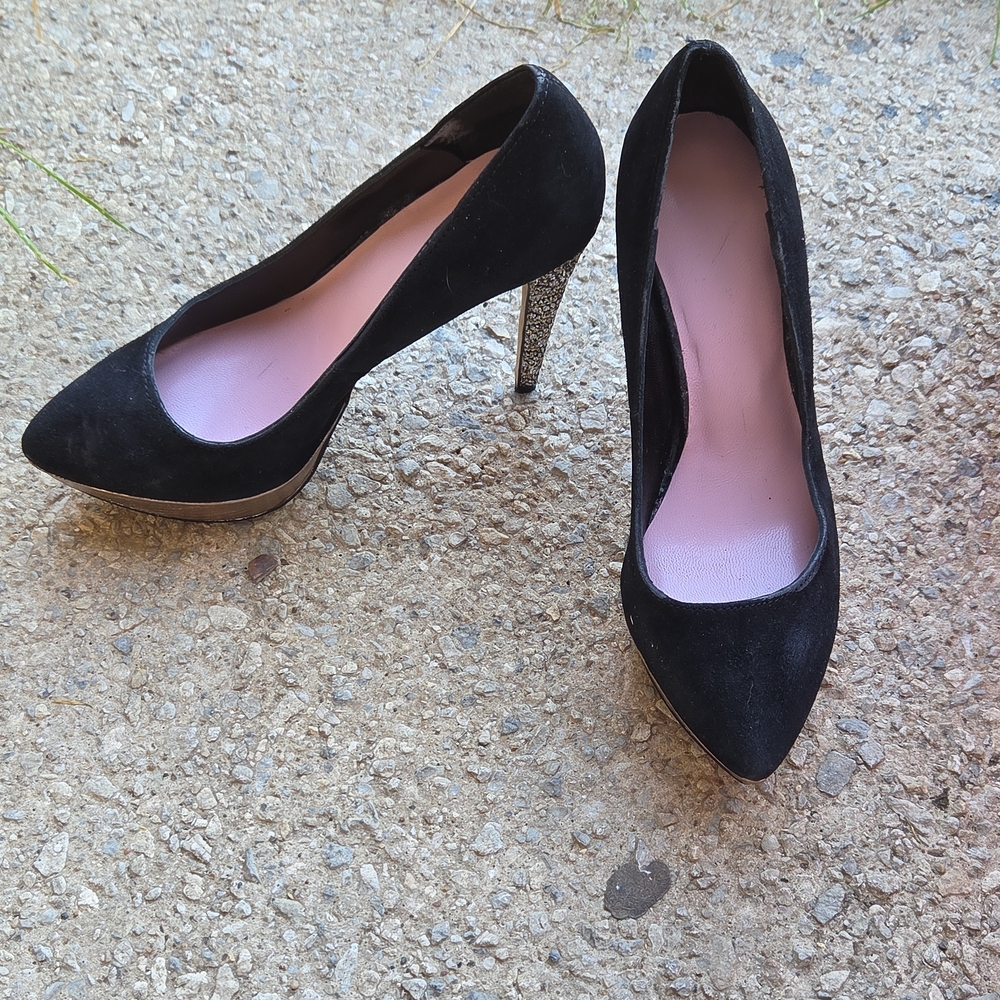 Vince Camuto Black Suede Pointed-Toe Heels with Glitter Gold Stiletto